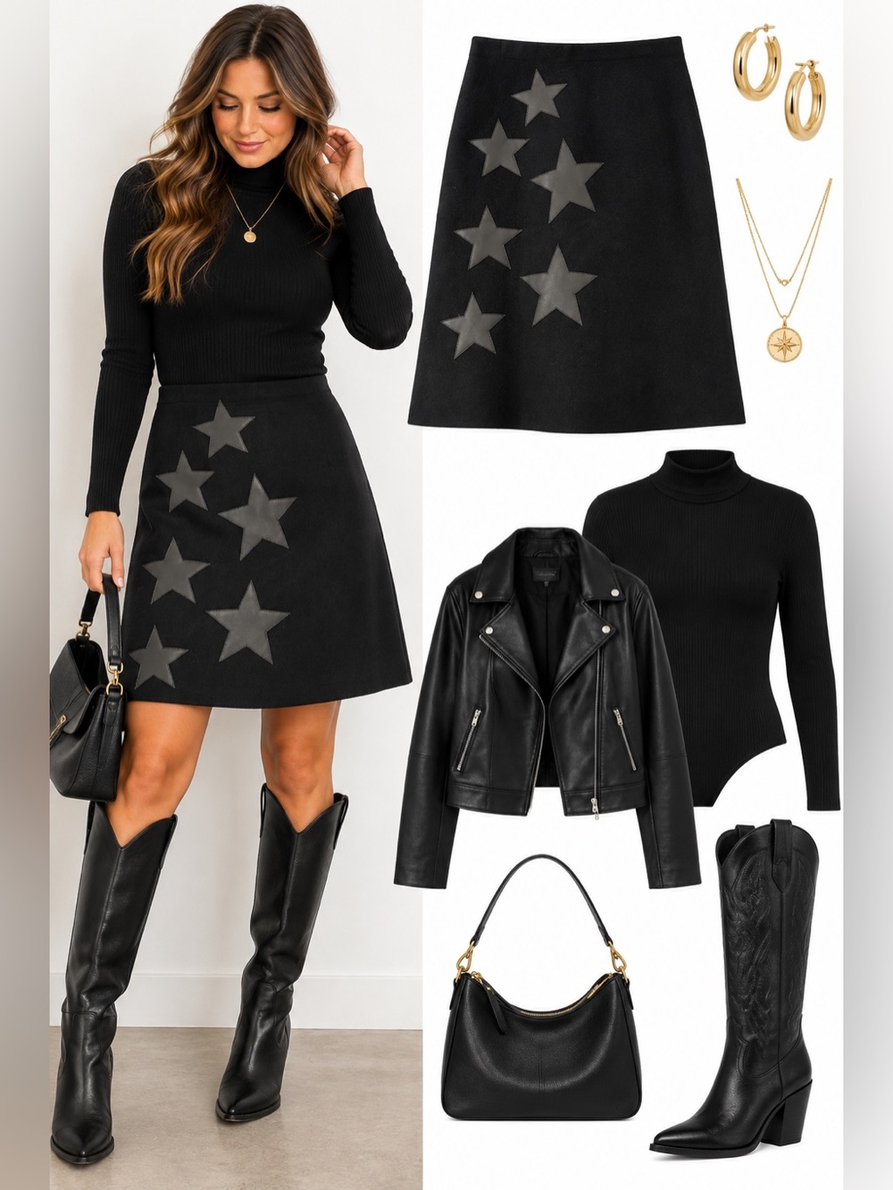 Sioni Milano Black Faux Leather Star Appliqué A-Line Skirt M